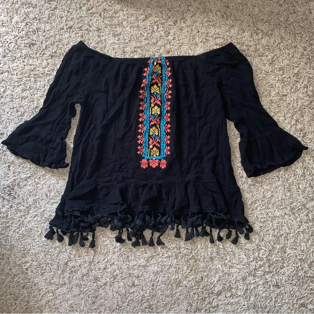 Embroidered Off the Shoulder Black Fringe Top
